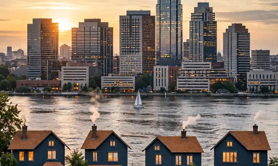 the Stamford Connecticut downtown skyline at dusk