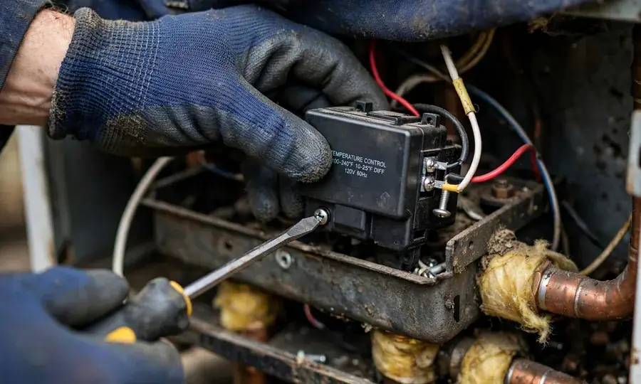 Technician replacing a boiler aquastat