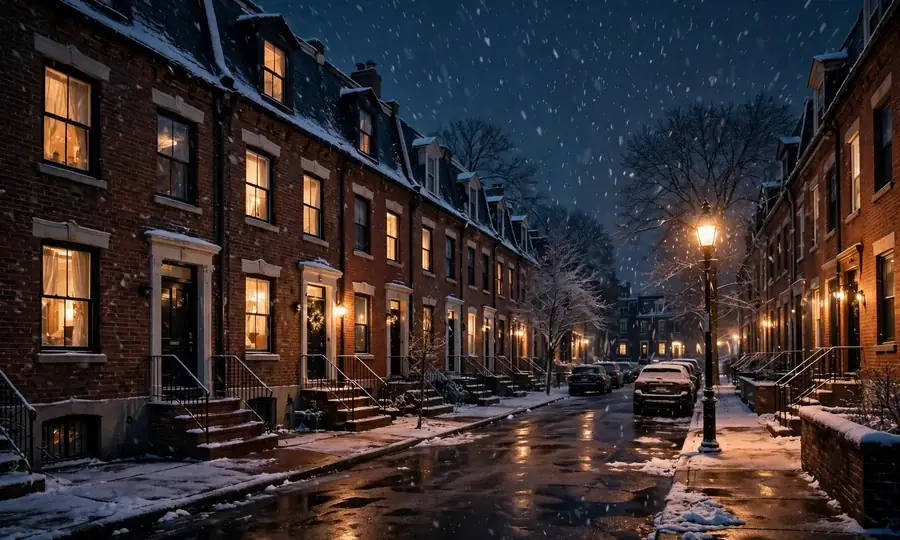 Heating service van in snow at night