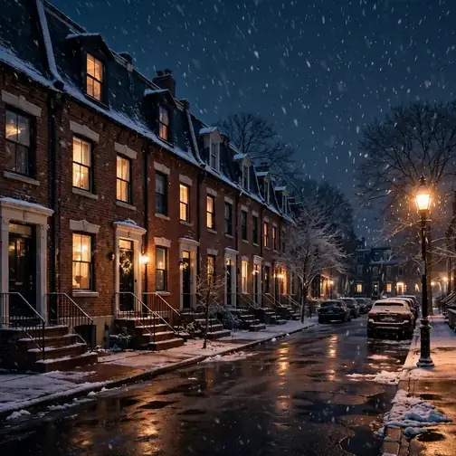 Photograph of a rowhouse street in Trenton at night in winter with warm glowing windows