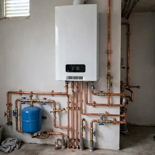 Photograph of a modern gas boiler with copper piping in a residential utility room
