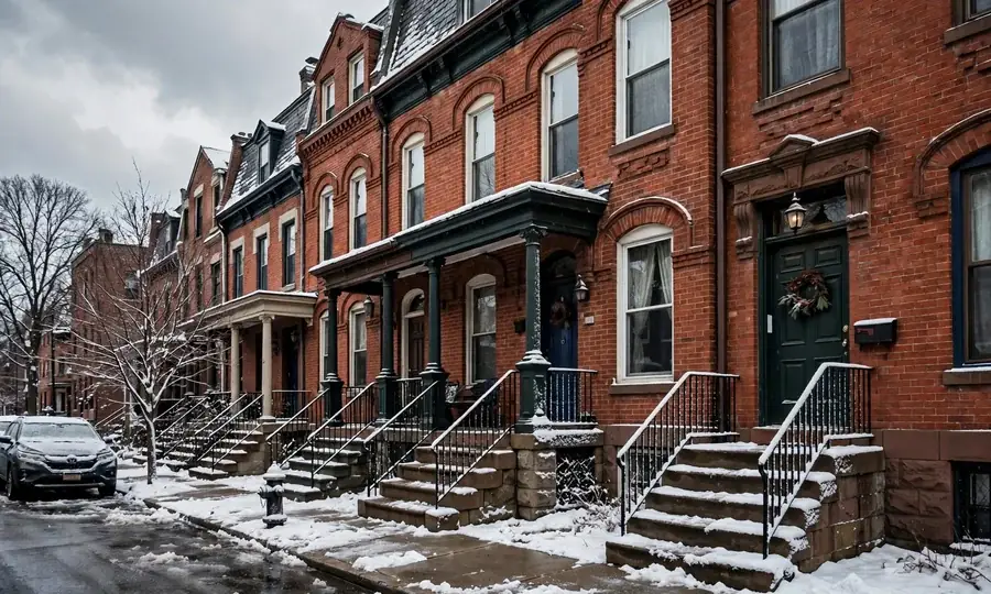 Photograph of historic brick rowhouses in Trenton, New Jersey in winter