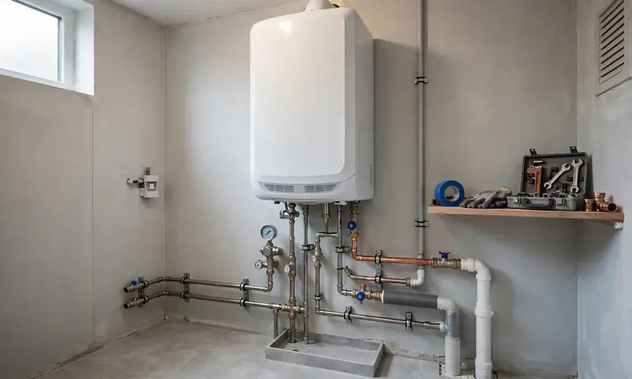 Newly installed wall-mounted boiler with copper pipework
