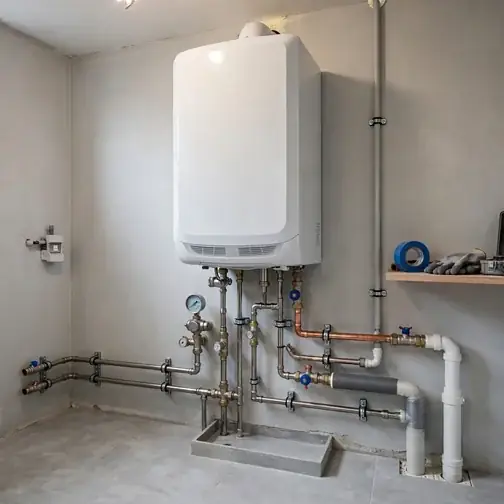 Photograph of a newly installed modern boiler in a home utility room