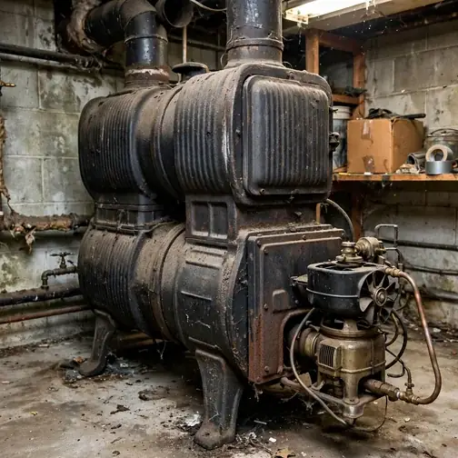 Photograph of an older oil-fired cast-iron boiler in a residential basement