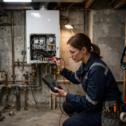 Photograph of a technician diagnosing a home boiler with a multimeter in a basement
