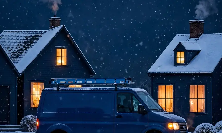 a heating service van on a snowy Valley Stream street at night
