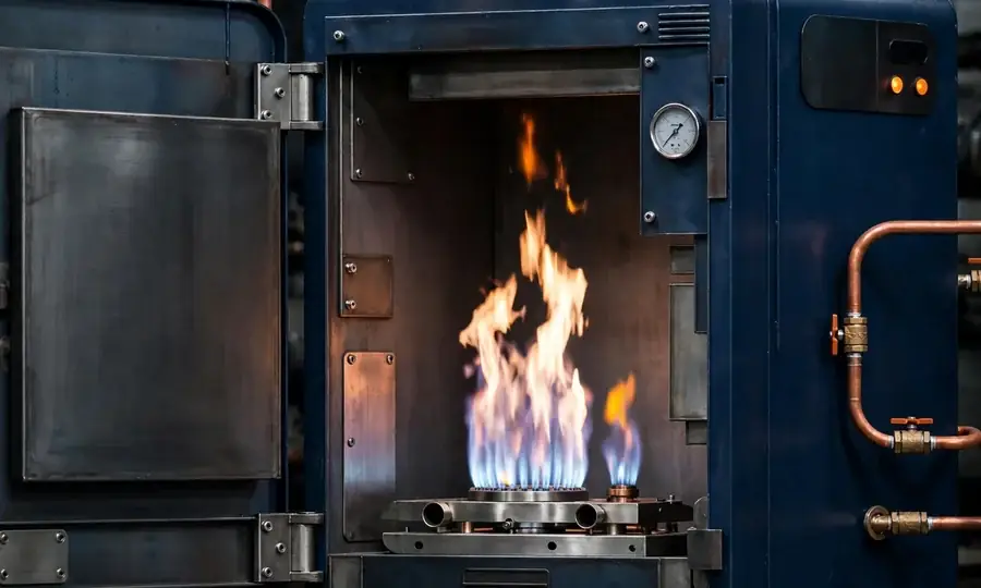 blue gas flames inside a boiler combustion chamber