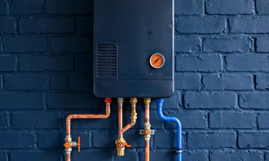a newly installed wall-mounted boiler with copper pipework