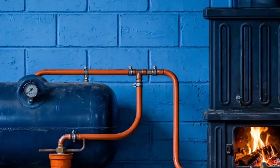 a basement heating oil tank with a fuel line to an oil burner