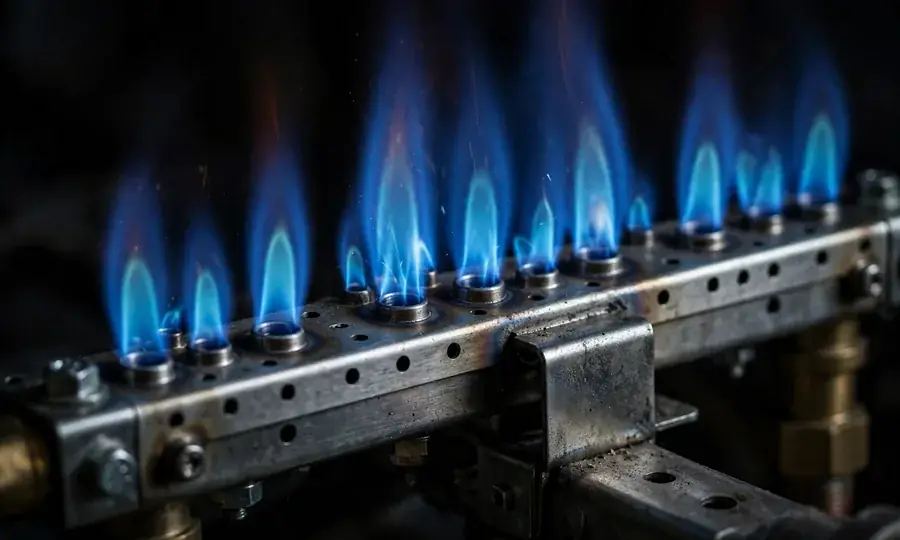Blue gas flames inside a boiler combustion chamber