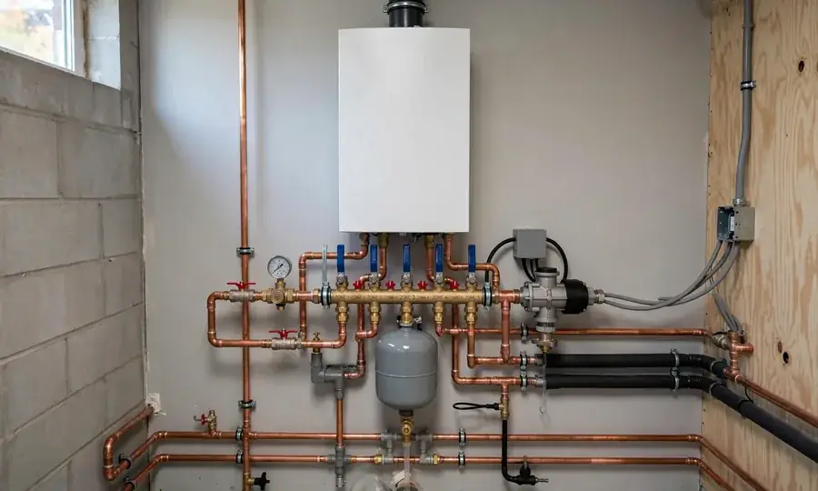 Newly installed wall-mounted boiler with copper pipework