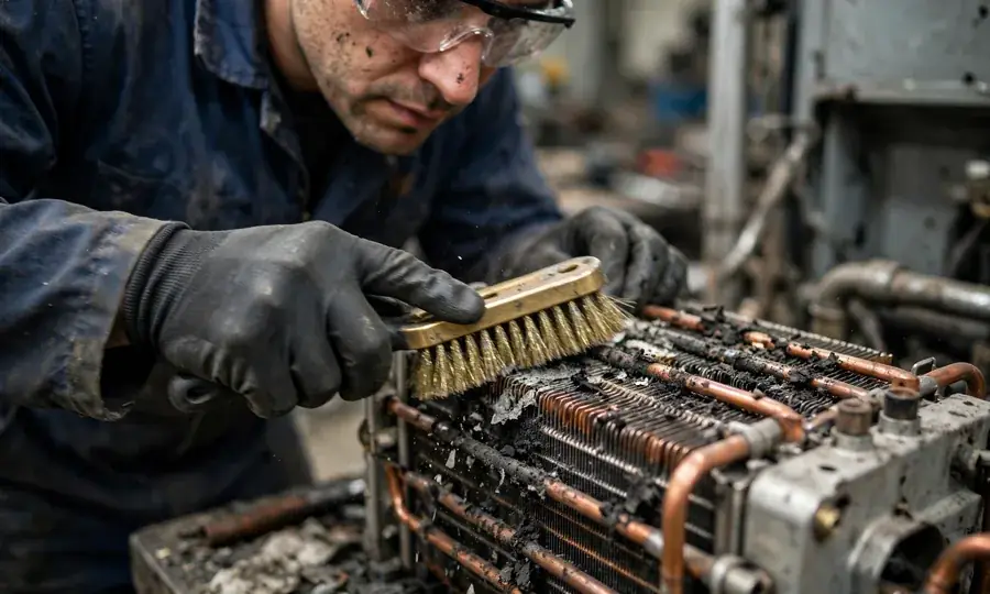 Technician checking boiler pressure gauges
