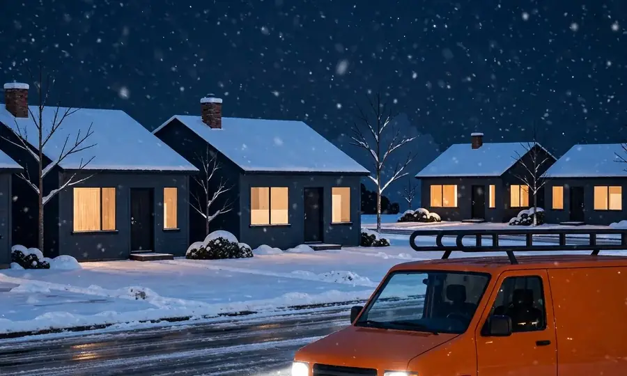 a heating service van on a snowy Westbury street at night