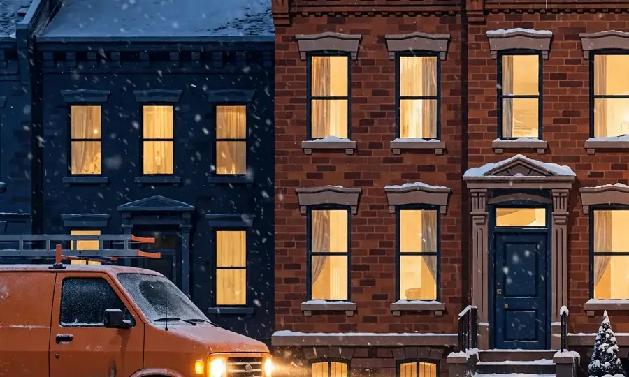 heating service van outside a historic brick rowhouse on a snowy West Chester night