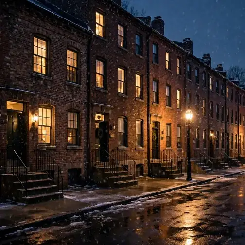Wilmington rowhouse block with warm windows at night in light snow