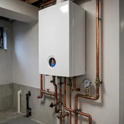 Modern gas boiler with blue flame visible through its inspection window