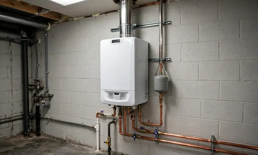 Newly installed wall-mounted boiler with copper pipework