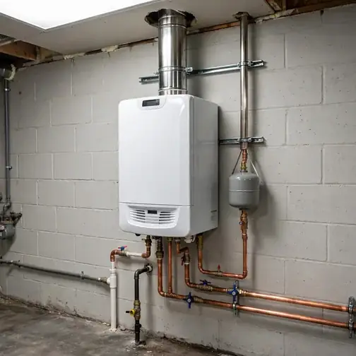 Newly installed gas boiler with venting in a basement utility room