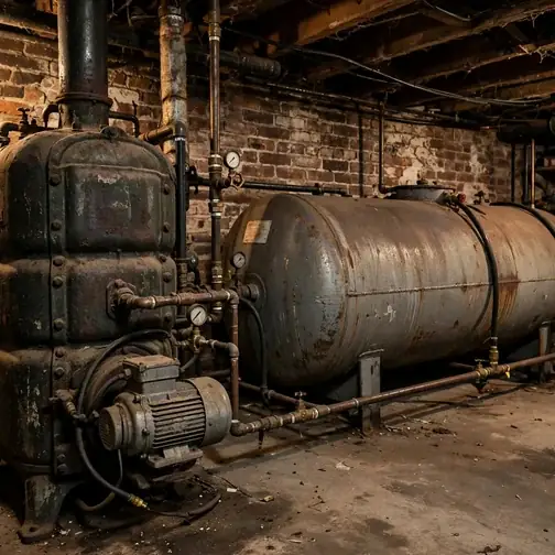 Older oil-fired boiler with burner and oil tank in a rowhouse basement