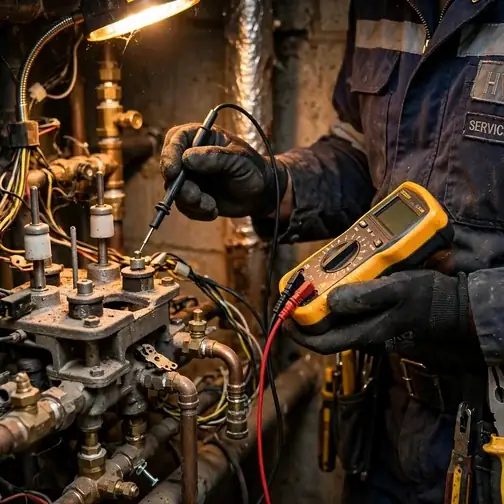 Technician testing ignition components on a boiler in a Wilmington basement