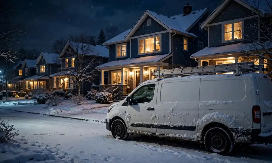 Illustration of a house glowing warm on a snowy night
