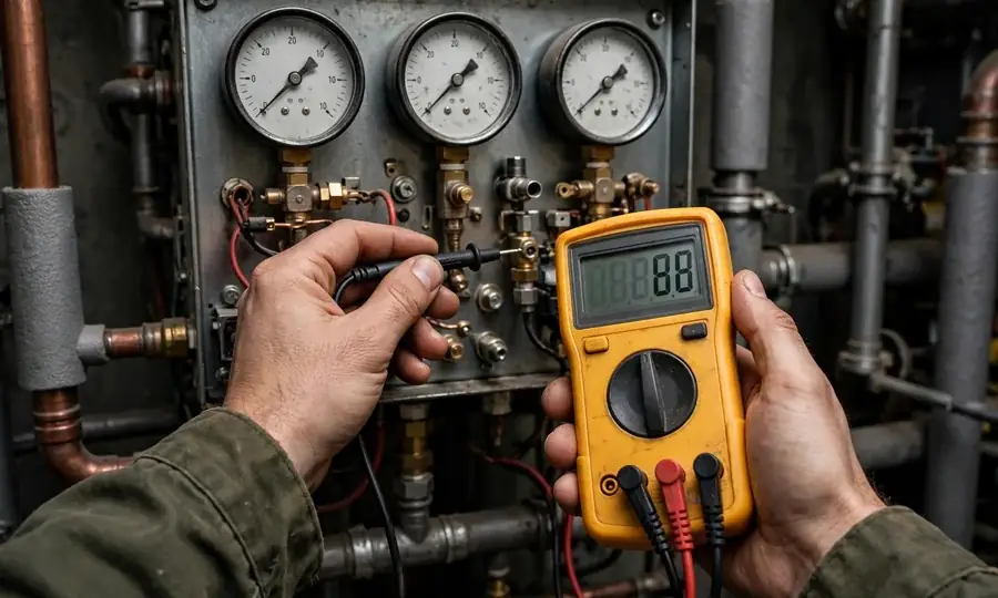 Illustration of a boiler pressure gauge and radiator