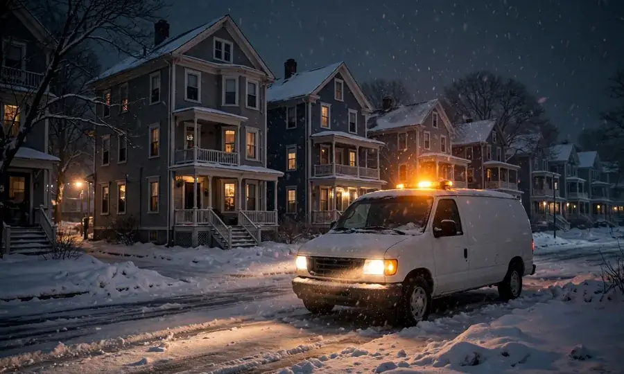 Heating service van in snow at night