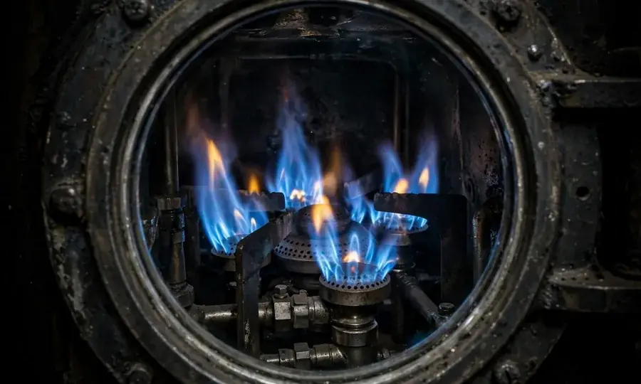 Blue gas flames inside a boiler combustion chamber