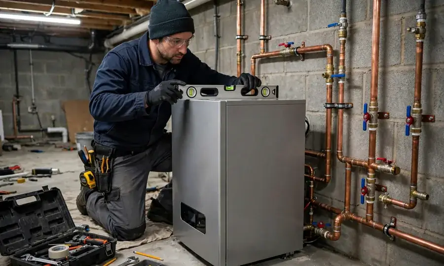 Newly installed wall-mounted boiler with copper pipework