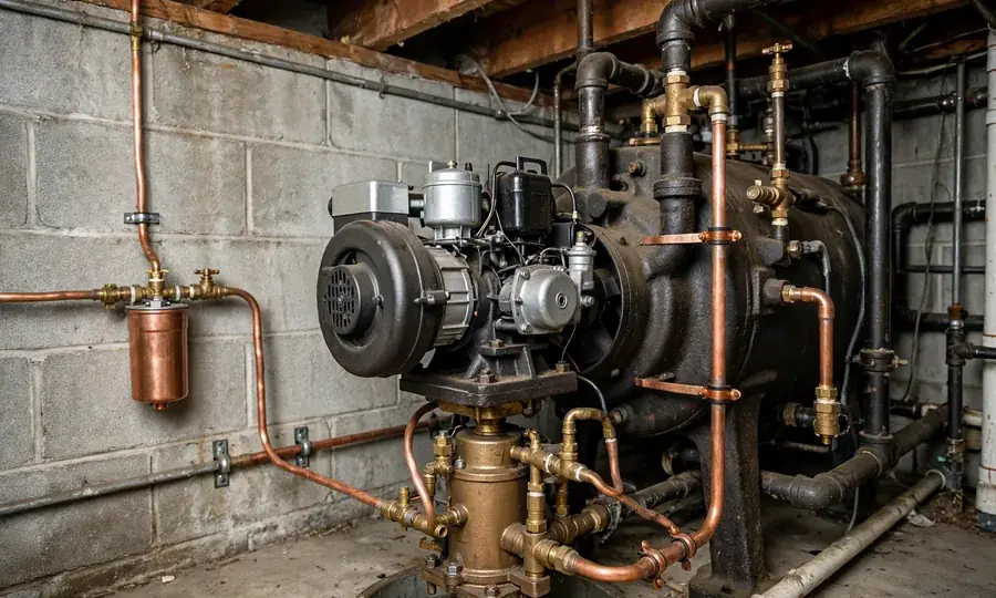 Home heating oil tank with fuel line to burner