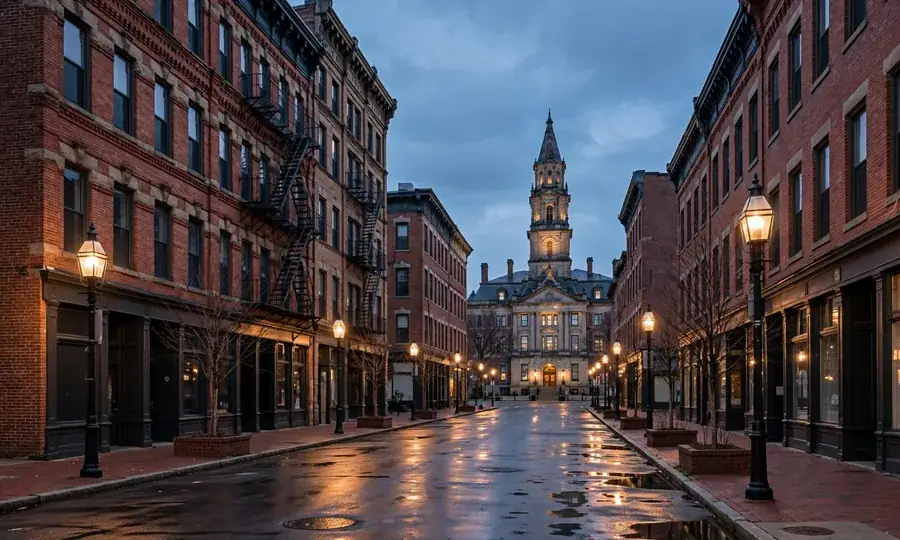 Downtown Worcester Massachusetts at dusk
